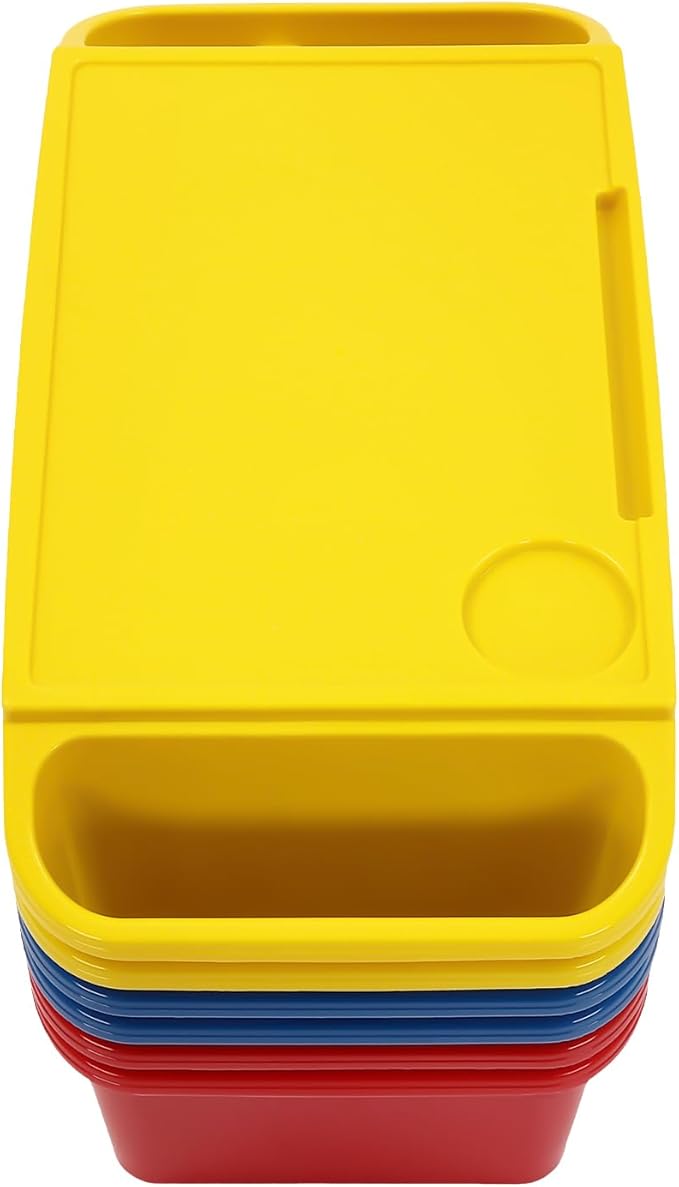 Mind Reader Kids Lap Desk, 6 PCS Kids Lap Desk Bulk Tray Lap, Portable Activity Tray with Side Storage, Stackable Plastic Desk Table for Students Drawing, Snacks, Study (2*(red+Blue+Yellow), Small)