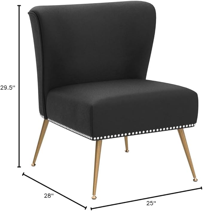 Container Furniture Direct Thia Armless Velvet Accent Chair for Living Room, Elegant Seat with Nailhead Trim, Gold Metal Legs and Comfortable Curved Back, 28" D x 25" W x 29.5" H, Black
