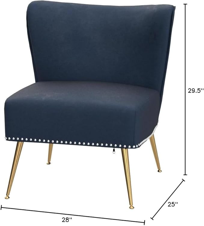 Container Furniture Direct Thia Armless Velvet Accent Chair for Living Room, Elegant Seat with Nailhead Trim, Gold Metal Legs and Comfortable Curved Back, 28" D x 25" W x 29.5" H, Dark Blue