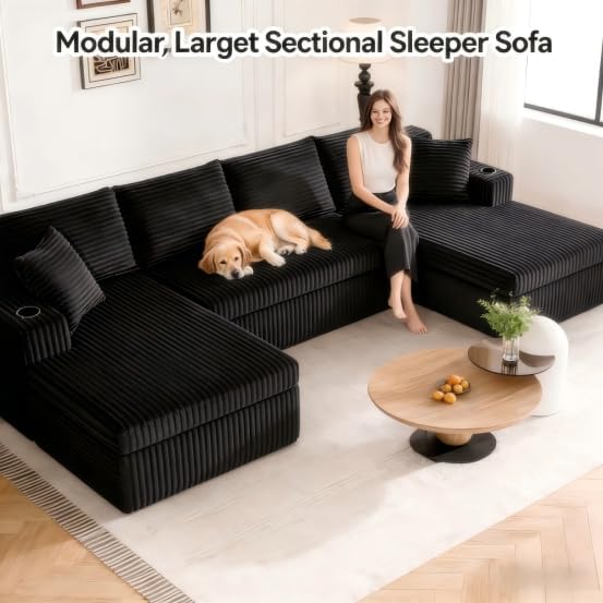 134" Modular Cloud Sectional Sleeper Sofa Couch for Living Room, U Shaped 6 Seat Sofa with 2 Storage Pockets, 2 Pillows & 2 Cup Holders, No Assembly Required (Black)