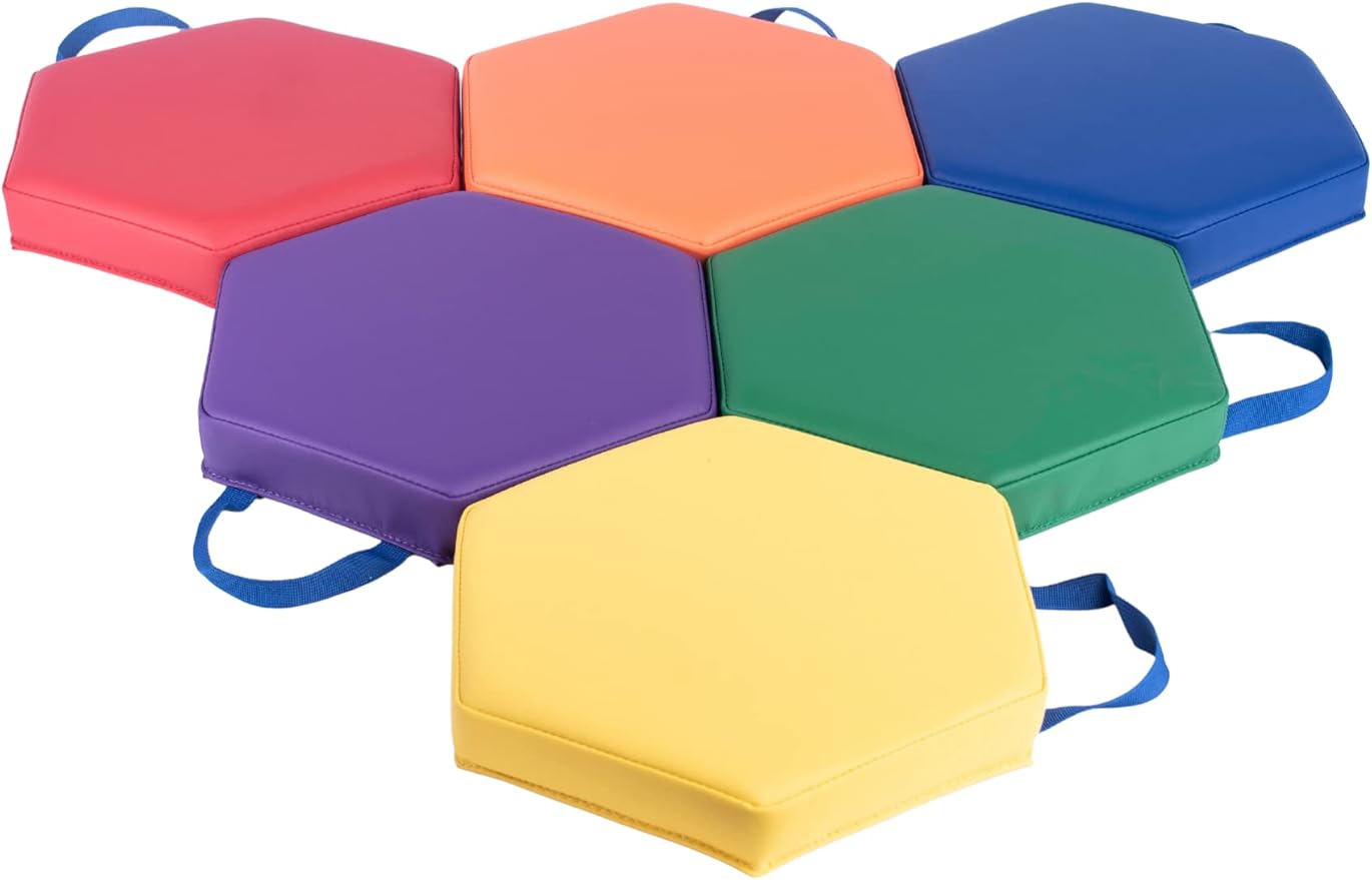 Schooled Cushioned Floor Seats - Set of 6 Hexagon Spot Markers for Early Childhood Floor Time - Flexible Seating