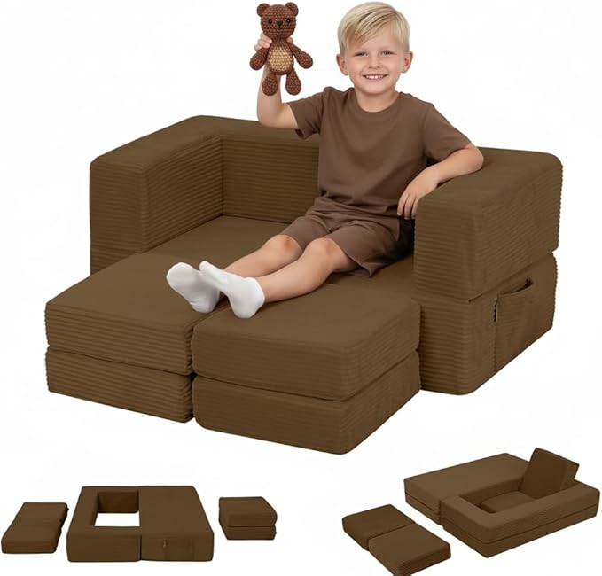 MeMoreCool Modular Kids Couch, Corduroy Play Toddler Couch for Bedroom Playroom Furniture, Convertible Foam Kids Sofa Bed, Fold Out Baby Sofa for Girl Boy, Brown