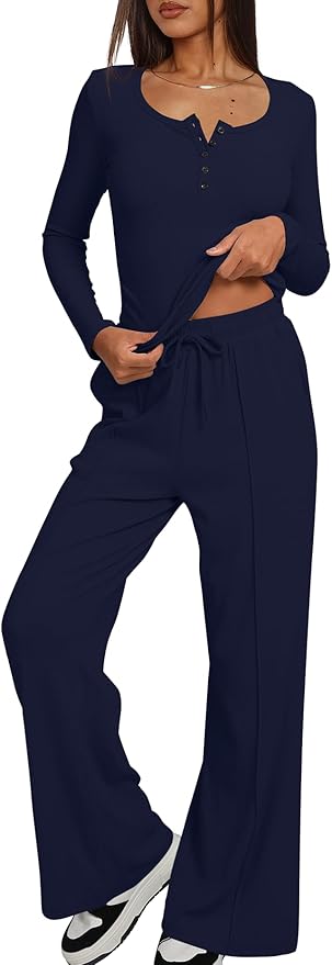 Darong Womens 2 Piece Matching Lounge Sets 2026 Long Sleeve Henley Shirts Wide Leg Pants Airport Travel Outfits