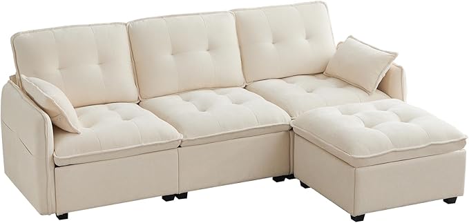 PALLOME 96" Modular L-Shaped Sofa - 3-Seat Cloud Couch with Movable Ottoman, Extra Deep Seat Sofa Couch with Throw Pillows for Living Room & Small Spaces (Beige, 3-Seat + Ottoman)