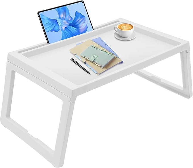 DUSNDULR 6 Pack Bed Tray Table, Foldable Laptop Desk Cute Serving Food Trays with Folding Legs & Charging Hole for Eating Reading Working (White)