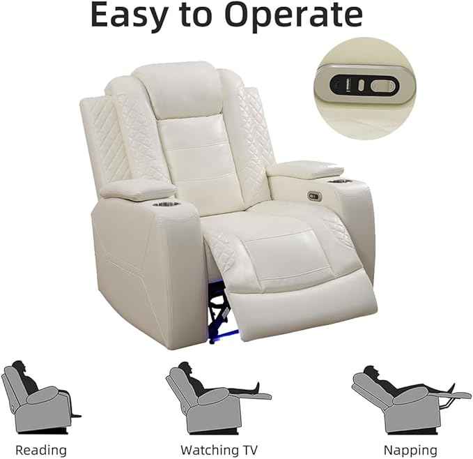Toseslo Power Recliner Chair Set, Leather Reclining Sectional Couch with Adjustable Angle, Living Room Furniture Sets, Modern Reclining Single Chair with Armrests and Backrests for RV(Creamy White)