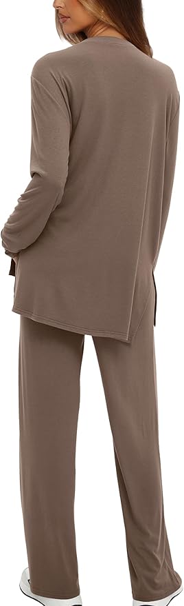 Darong Women's 2 Piece Lounge Set Casual Long Sleeve Crew Neck Tops Wide Leg Pants Travel Airport Outfit Matching Sets