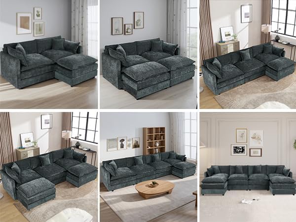Aoowow Modular Sectional Sofa Modern Convertible U Shaped Couch,112.2 Inch Deep 3-Seater Sofas Set Comfy Chenille Cloud Sofas and Couches with Movable Ottoman for Living Room Apartment（Grey）