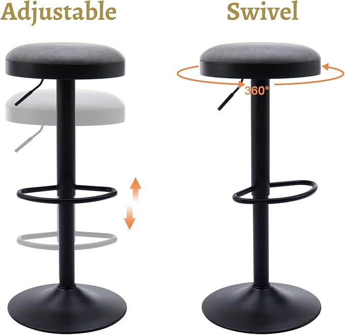 EALSON Modern Swivel Bar Stools Set of 6 Adjustable Counter Height Backless Barstools with Metal Base Leather Upholstered Round Bar Stool Chairs for Kitchen Island/Pub/Breakfast Bar, Grey