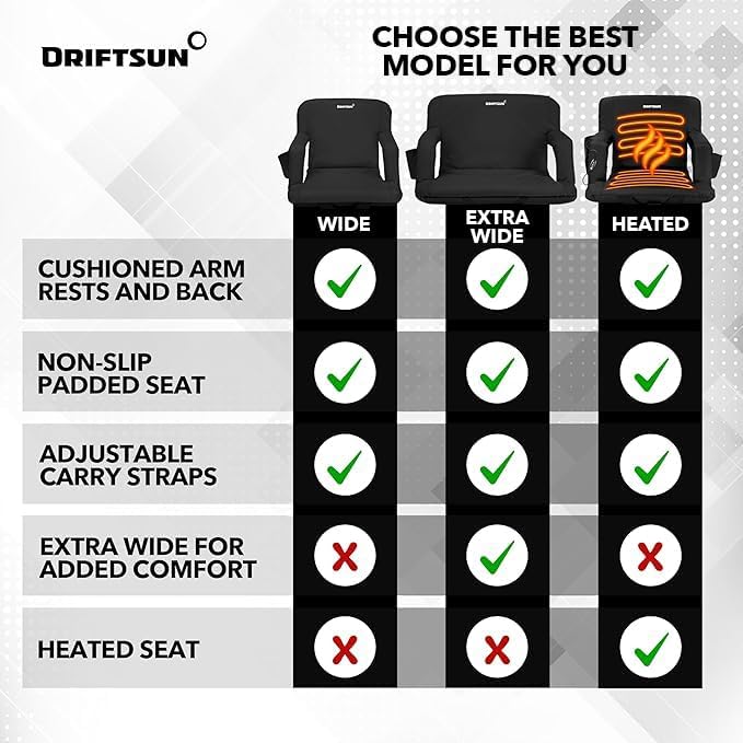Driftsun Extra Wide Stadium Seats with Back Support - Deluxe Foldable Stadium Chairs for Bleachers - Folding Waterproof Sport Chair - Easy to Transport