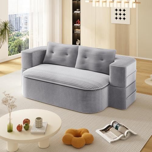 79" Foldable Floor Couch, 2-Seat Convertible Sleeper Sofa with Blanket and 2 Soft Pillows, Corduroy Fabric, for Living Room, Bedroom, Apartment, No Assembly Required, Light Grey