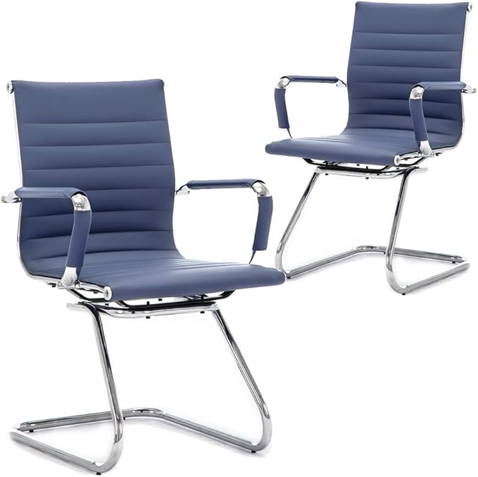 DM Furniture Reception Chairs Leather Conference Guest Chair Heavy Duty Back Support Office Chair, Set of 2 (Navy)