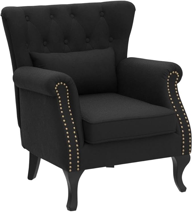 LZAREAL Accent Reading Arm Chairs for Living Room Bedroom, Midcentury Modern Comfy Corner Sofa Chair, Wingback Waiting Room Club Chair with Button Tufted Back &Lumbar Pillow, Velvet Black