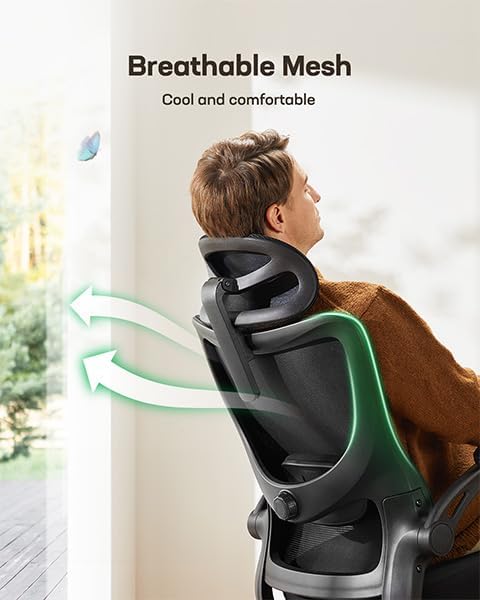 Marsail Ergonomic Office Chair with Headrest Mesh Office Computer Desk Chair with Adjustable Lumbar Support Rolling Work Swivel Task Chairs with Wheel 3D Armrests
