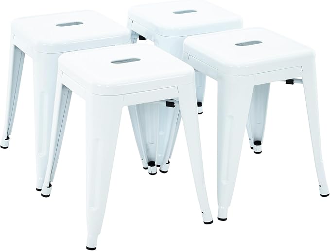 Brage Living 18 Inch Industrial Metal Stools Set of 4, Stackable Classroom Stools, Backless Metal Dining Chairs for Indoor Outdoor, Kitchen Short (White)