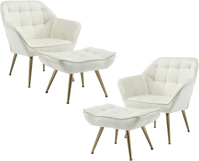 QUINJAY Modern Velvet Accent Chair with Ottoman Set of 2, Upholstered Lounge Chair with Footrest, Comfy Living Room Chair with Gold Legs Accent Side Chair Armchair for Small Space Bedroom, Beige