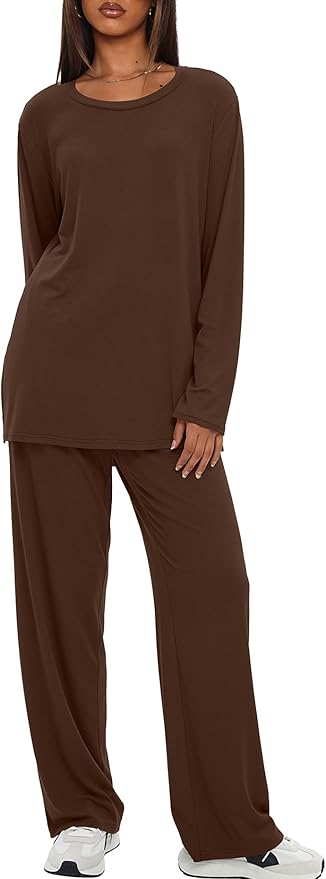Darong Women's 2 Piece Lounge Set Casual Long Sleeve Crew Neck Tops Wide Leg Pants Travel Airport Outfit Matching Sets