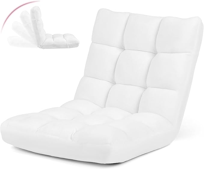 GOFLAME 14-Position Folding Floor Chair, Padded Gaming Lazy Sofa Chair with Adjustable Backrest, Couch Recliner, Sleeper Bed Lounge Chair for Reading, Gaming, Meditating (White)