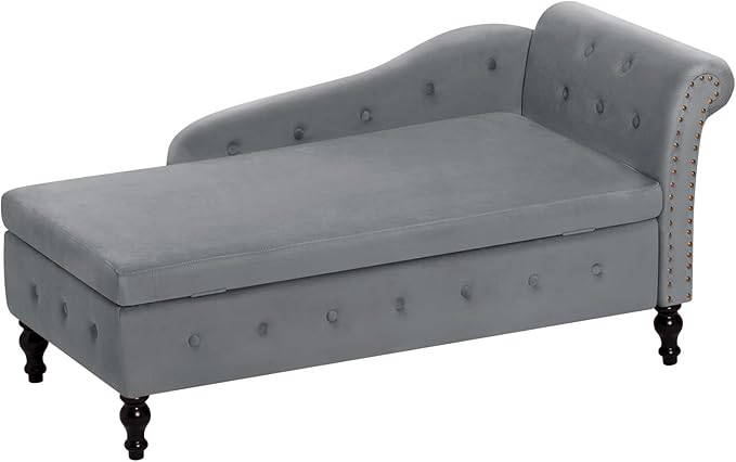 ACMEASE Upholstered Chaise Lounge with Right Armrest & Lumbar Pillow,Button Tufted Lounge Sofa with Storage,Lounge Chair Indoor,Modern Velvet Lounge Chair for Bedroom, Living Room and Office,Grey