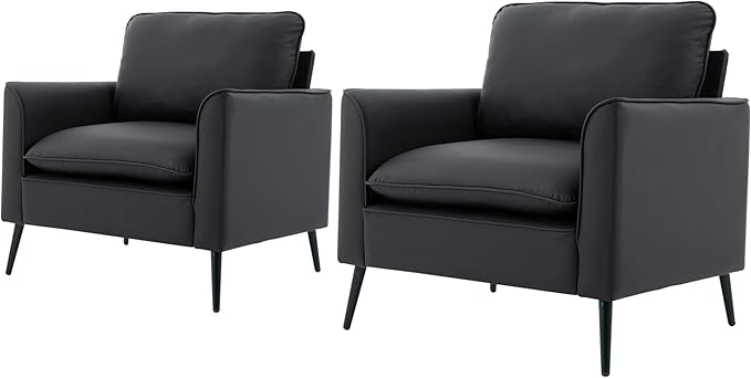 YISHENG Mid-Century Modern Living Room Accent Chairs Set of 2 - Oversized Faux Leather Armchairs with Removable Cushions & Metal Legs, Comfortable Sofas for Office/Lounge/Bedroom/Reception,（Black）