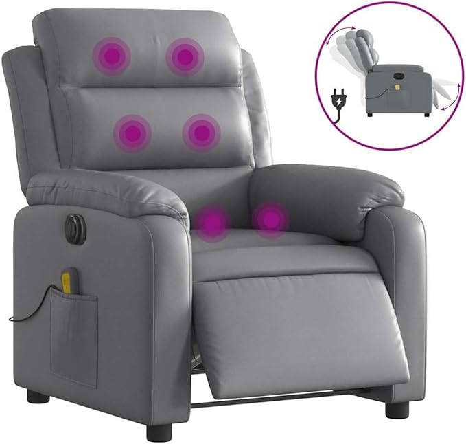 YAFF Electric Massage Recliner Chair in Grey Faux Leather, USB-Powered, Memory Foam Cushion, for Indoor Use, Relaxation in Living Room, Comfortable Seating for One