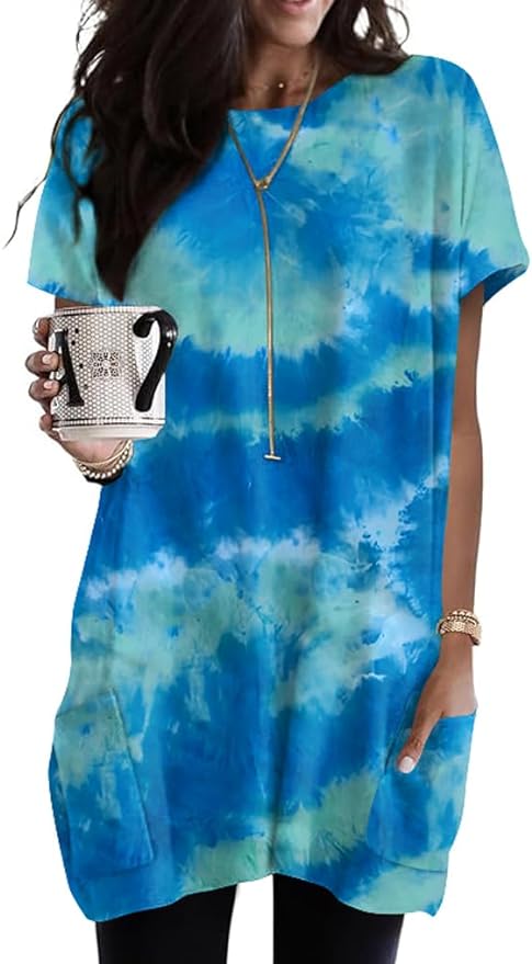 Poetsky Summer Womens Tunic Tops for Leggings with Pockets Short Sleeve Casual Long T Shirts S-3XL