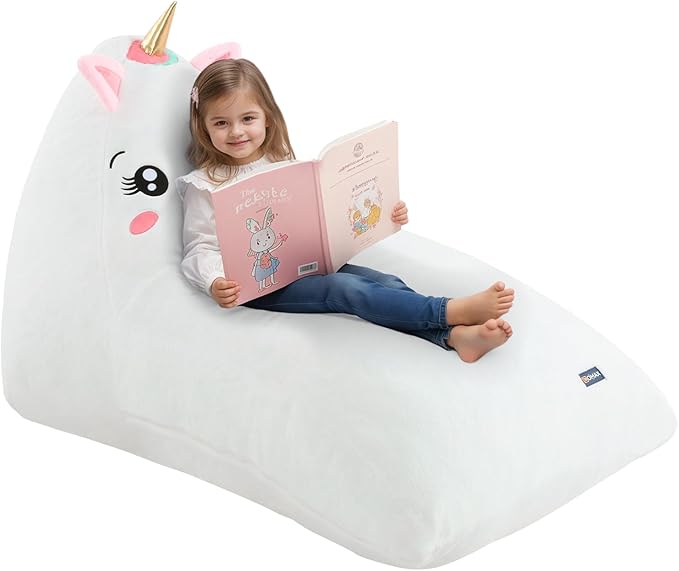 COMAX Unicorn Bean Bag Chairs for Kids 8-12, Large Kid Beanbag Chair with Filler, Big Toddler Lounge Bean Chair, Children Lazy Floor Lounger for Girls Boys, White