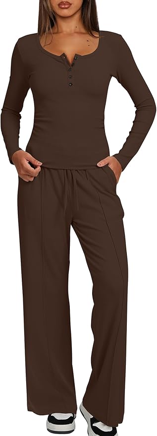 Darong Womens 2 Piece Matching Lounge Sets 2026 Long Sleeve Henley Shirts Wide Leg Pants Airport Travel Outfits