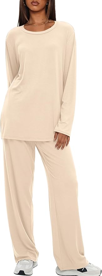 Darong Women's 2 Piece Lounge Set Casual Long Sleeve Crew Neck Tops Wide Leg Pants Travel Airport Outfit Matching Sets