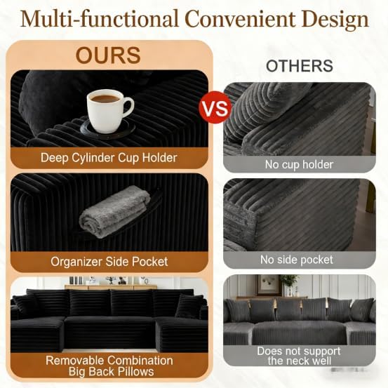 134" Modular Cloud Sectional Sleeper Sofa Couch for Living Room, U Shaped 6 Seat Sofa with 2 Storage Pockets, 2 Pillows & 2 Cup Holders, No Assembly Required (Black)