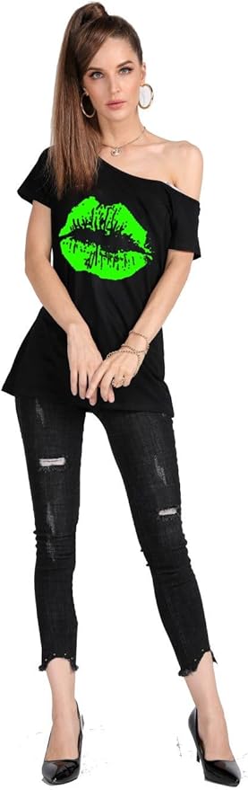 MAGICMK Women’s Short Lips Print Causal Off The Shoulder Plus Size T-Shirt Tops