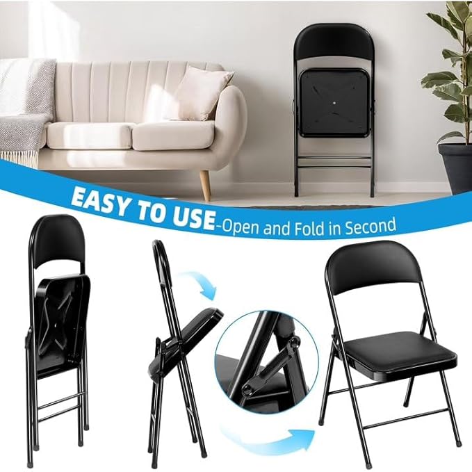 4 Pack Black Padded Folding Chairs Set - Comfortable Stackable Portable Chairs for Indoor Outdoor, Events, Parties, Office, Wedding (PU Leather, Classic Black,School Chair)
