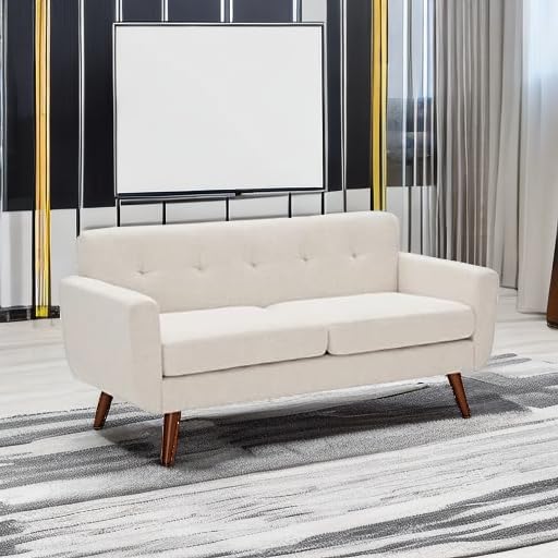 Tbfit 65" W Loveseat Sofa, Mid Century Modern Decor Love Seat Couches for Living Room, Button Tufted Upholstered Small Couch for Bedroom, Solid and Easy to Install Love Seats Furniture, Beige | linen fabric, button tufted, solid wood foot, pocket sprin...