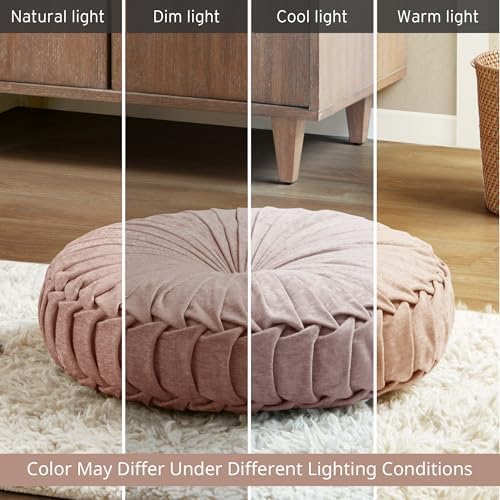 Intelligent Design Loretta Round Chenille Tufted Floor Pillow with Elegant Pleated Design, Large Boho & Vintage Decorative Throw Pillow for Sofa, Bed, or Chair, 22" x 6", Blush