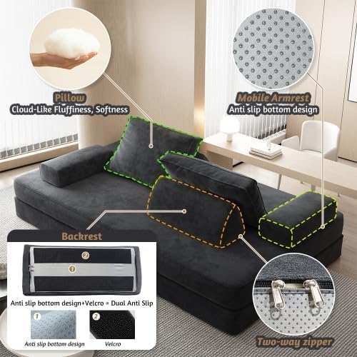 87" Foldable Floor Couch, 3-Seat Convertible Sleeper Sofa with Removable Backrests and 2 Soft Pillows, Chenille Fabric, for Living Room, Bedroom, Apartment, No Assembly Required, Dark Grey
