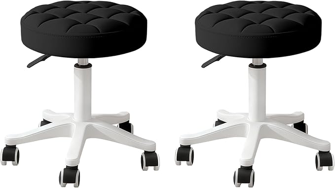 JPBSTO Small Rolling Stool with Wheels, PU Leather Height Adjustable Vanity Work Task Stool, 360 Swivel, Padded Seat Cushion, for Salon, Home, Office