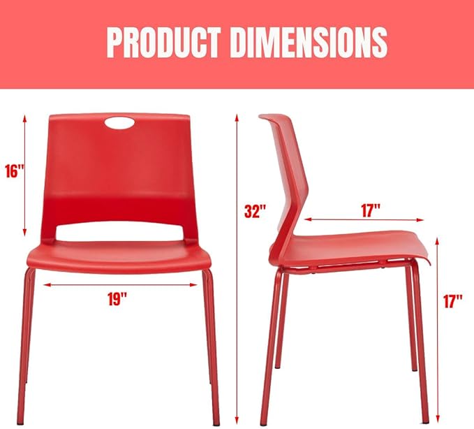 Stackable Chairs Set of 4, Office Waiting Room Chair Plastic Seat, Red Stacking Chairs with Sturdy Metal Legs, Guest Chair for Conference Rooms, Churches, Living Rooms, Classrooms(Red).