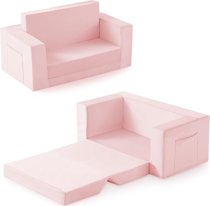 Kids Couch, 2-in-1 Toddler Chair Comfy 1-3 Years, Convertible Kids Chair, Toddler Couch That Fold Out, Kid Lounge Chairs for Boys and Girls, Soft Coral Fleece, Double, Pink