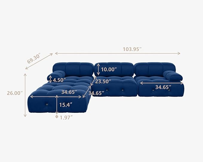 JACH 104" Modular Sectional Couch, L-Shaped Minimalist Velvet Sofas, Convertible Comfy Couch, Sectional Sofa with Reversible Chaise Ottoman for Living Room, Apartment (Blue)