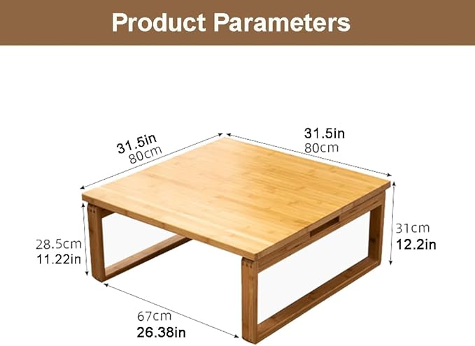 Foldable Low Japanese-Style Coffee Table - Square, Kids Art & Meditation Table, for Tatami Bedroom & Bay Window (31.5 * 31.5 * 12.2in)