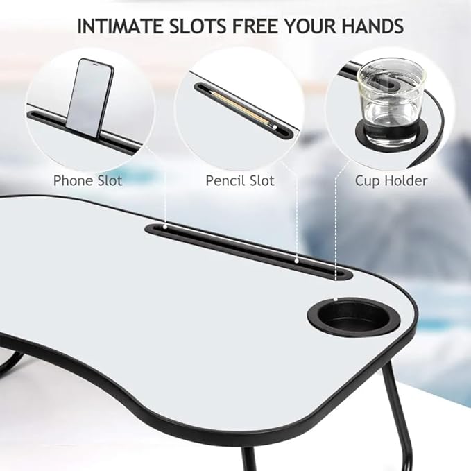 Laptop Bed Desk, Foldable Wooden Lap Desk with Cup Holder & Tablet Slot, Portable Lap Table & Bed Tray Table for Eating & Lap Desk Food Tray & Working on Couch, Sofa & Bed, 23.8 x 15.8 in