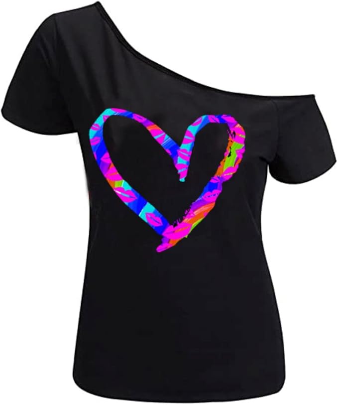 MAGICMK Women’s Short Lips Print Causal Off The Shoulder Plus Size T-Shirt Tops