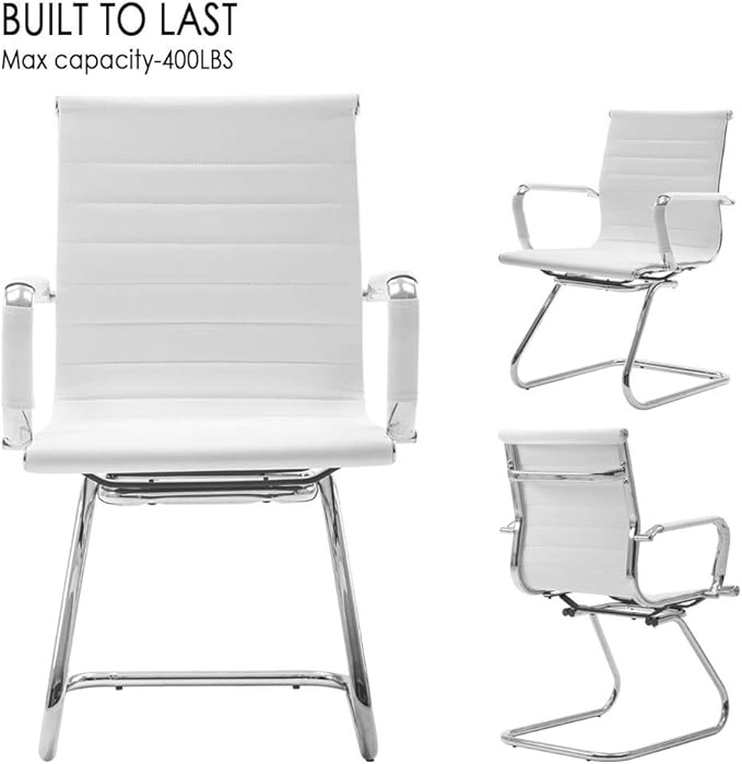 DM Furniture Reception Chairs Leather Conference Chairs No Wheels Back Support Heavy Duty Office Guest Chair, Set of 2 (White)