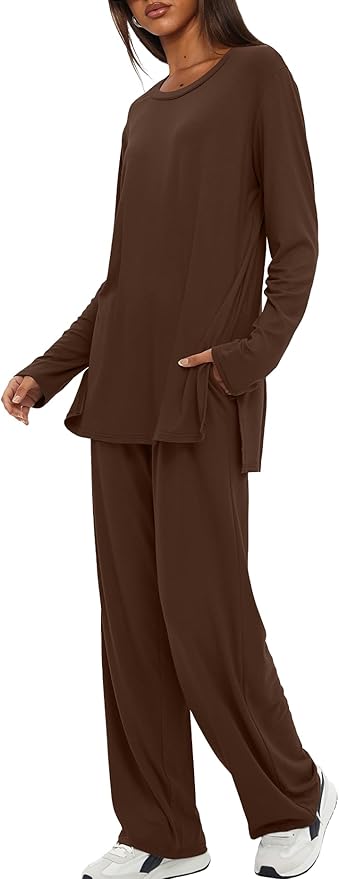 Darong Women's 2 Piece Lounge Set Casual Long Sleeve Crew Neck Tops Wide Leg Pants Travel Airport Outfit Matching Sets