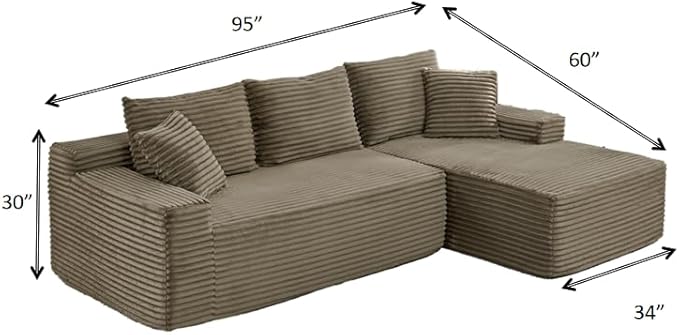 HYJT-H&K Modular Sectional Sofa Cloud Sectional Couch, 95" Comfy Fluffy L Shaped Brown Couches for Living Room, Deep Seat Memory Foam Plush Corduroy Boneless Couch Sectionals Right Facing Chaise Sofa