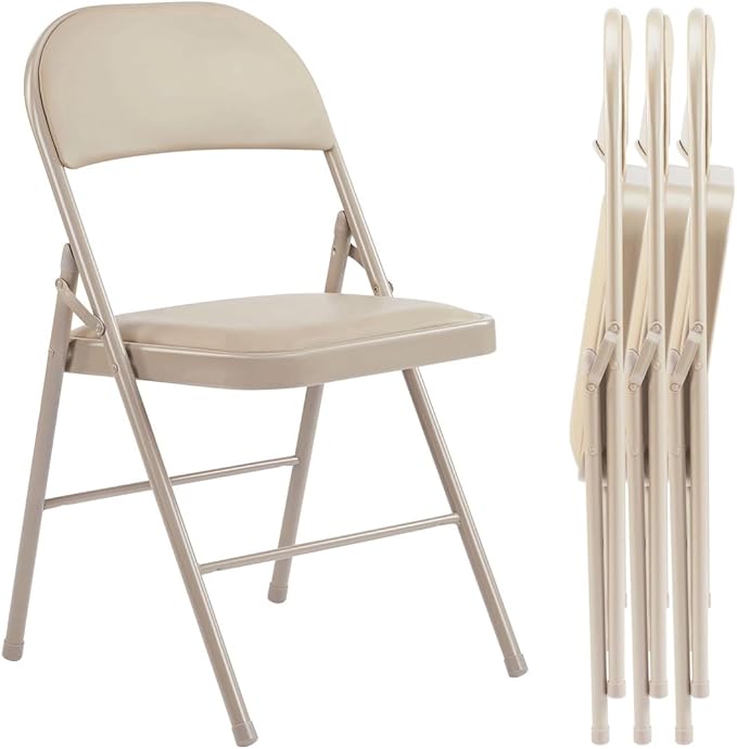 Padded Folding Chairs Set of 4, Portable Stackable Acrylic with Cushion for Outdoor Activities, Indoor Gatherings, Living Rooms and Office Meetings, Khaki