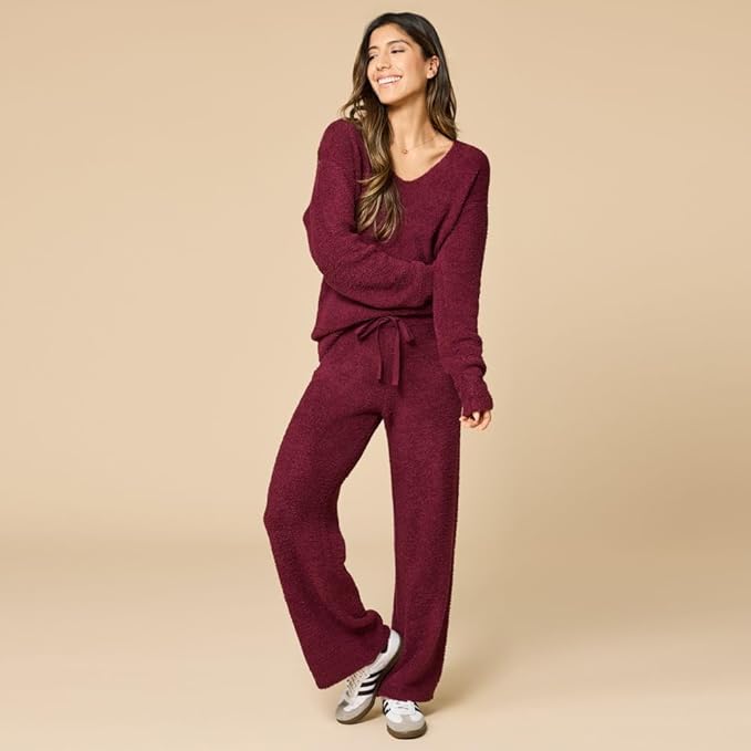 Softies Marshmallow V Neck Lounge Set for Women Ultra Soft 2 Piece Loungewear with Relaxed Top and Straight Leg Pants