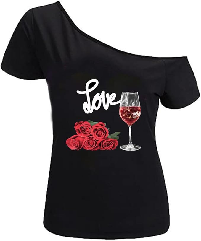 MAGICMK Women’s Short Lips Print Causal Off The Shoulder Plus Size T-Shirt Tops