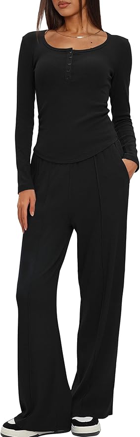 Darong Womens 2 Piece Matching Lounge Sets 2026 Long Sleeve Henley Shirts Wide Leg Pants Airport Travel Outfits