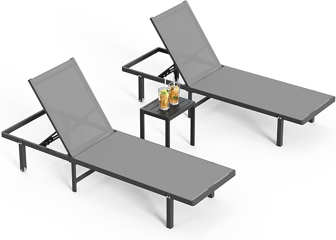 Pool Lounge Chairs Set of 3 (2 Loungers + 1 Side Table)，Outdoor Lounge Chairs with Wheels and 5-Position Recliner, Aluminum Patio Lounge Chair for Poolside, Deck (Darkgray)